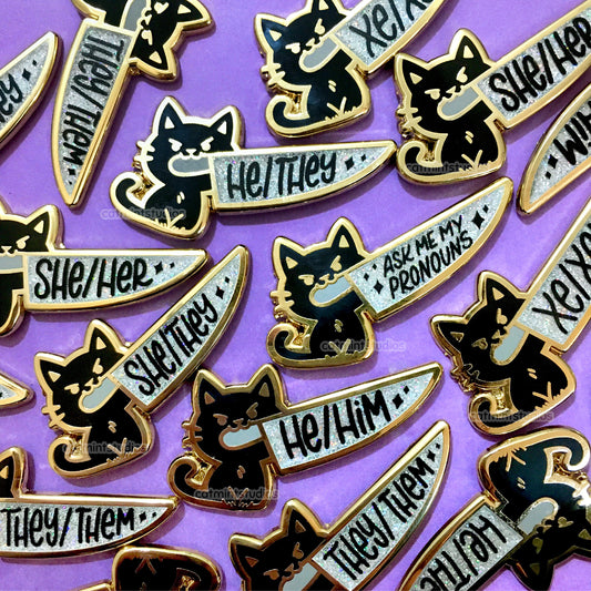 Pronoun Knife Cat Enamel Pins