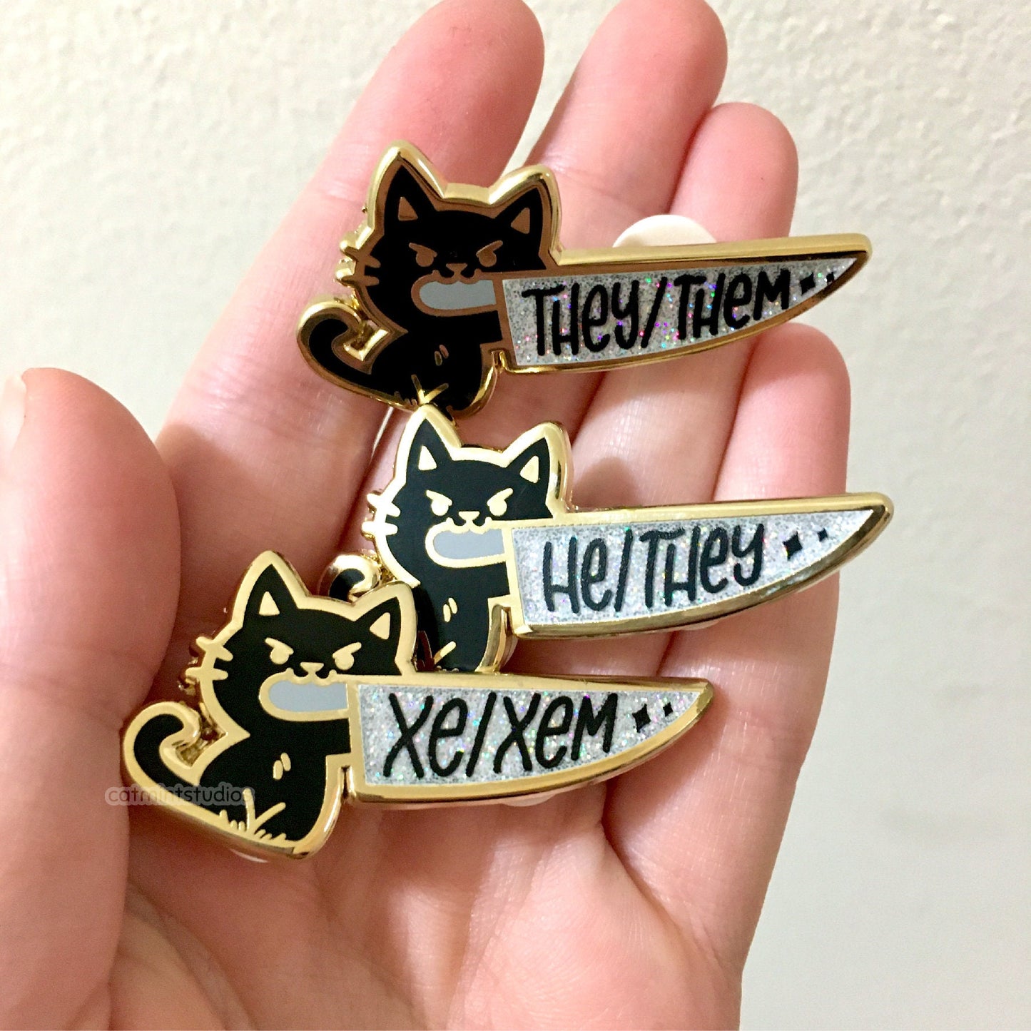 Pronoun Knife Cat Enamel Pins